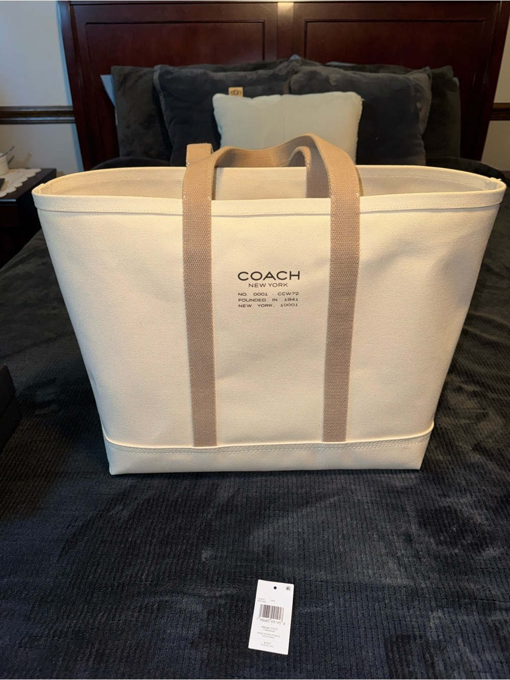 COACH Cream Canvas Duffel Tote with Tan Web Handles